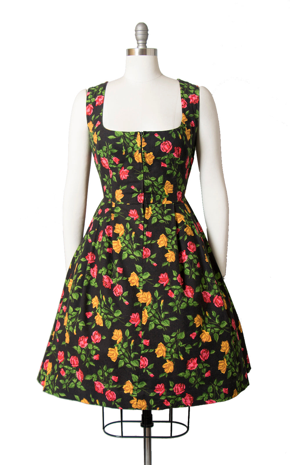 1960s Rose Print Black Cotton Dirndl Dress