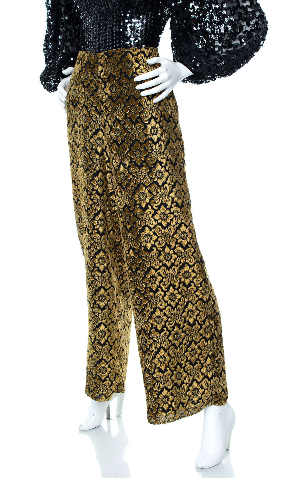 Vintage 2000s Y2K Gold Floral Velvet Burnout Wide Leg Pants Birthday Life Vintage