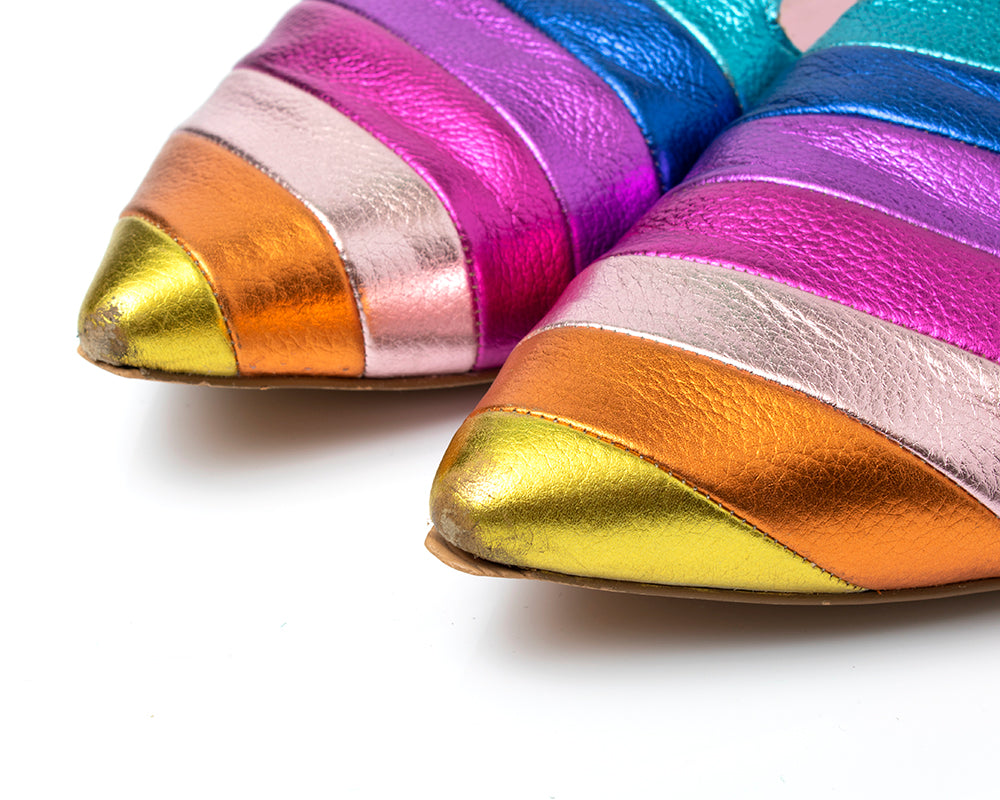 KURT GEIGER Metallic Rainbow Leather Flats Slides Mules | size US 10 | Birthday Life Vintage