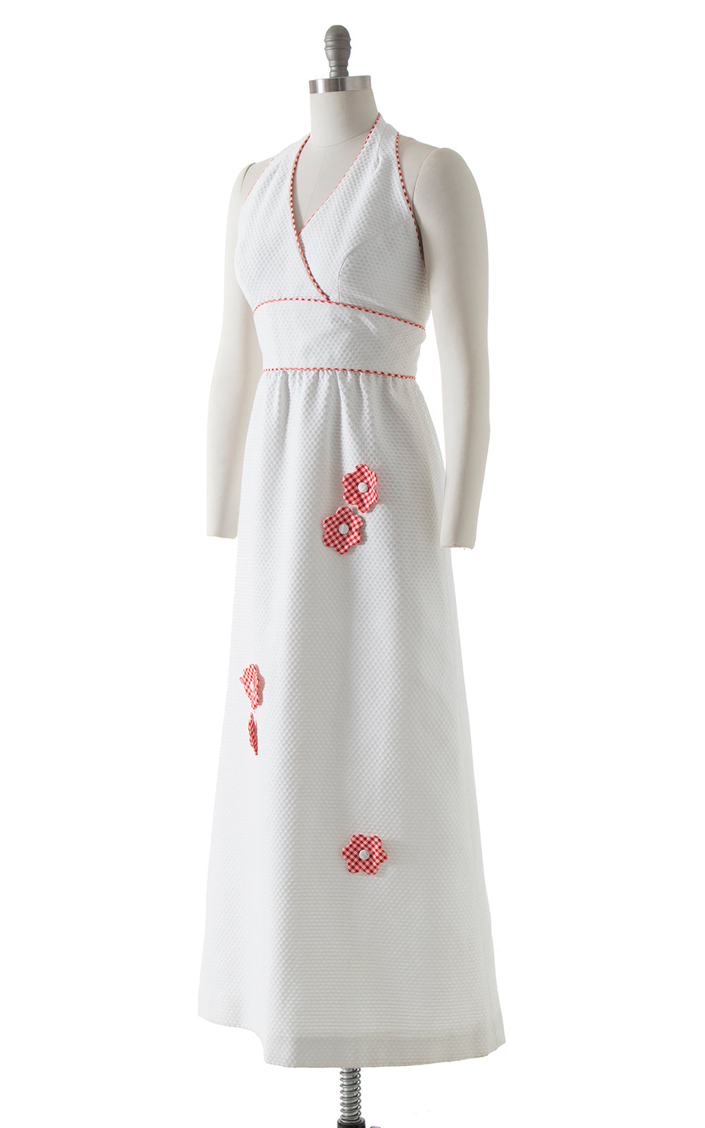 Vintage 1970s 70s Floral Applique Flower Halter White Cotton Gingham Open Back Maxi Dress Sundress Birthday Life Vintage