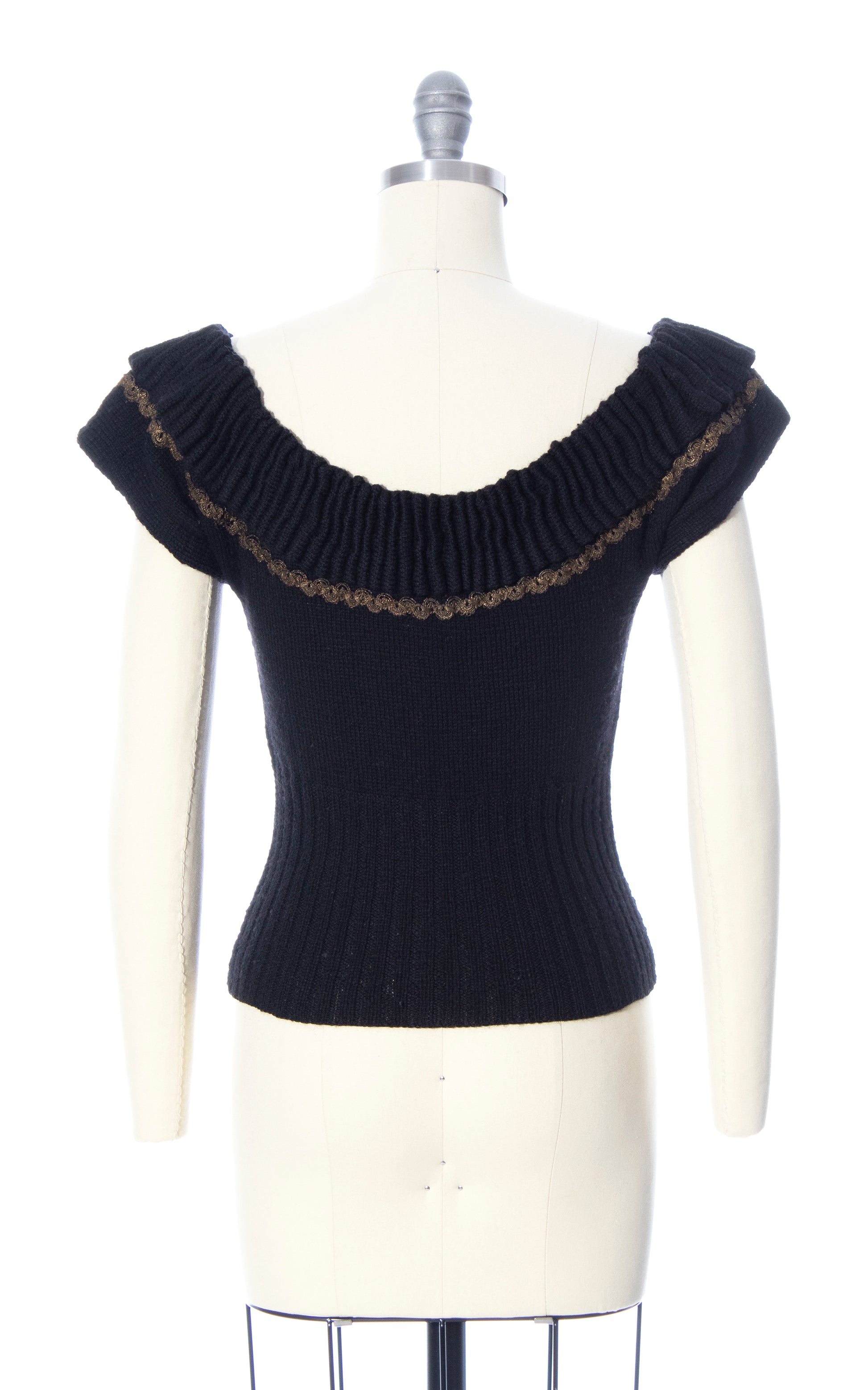 Vintage 50s 1950s Black Knit Wool Sweater Top Metallic Trim Birthday Life Vintage