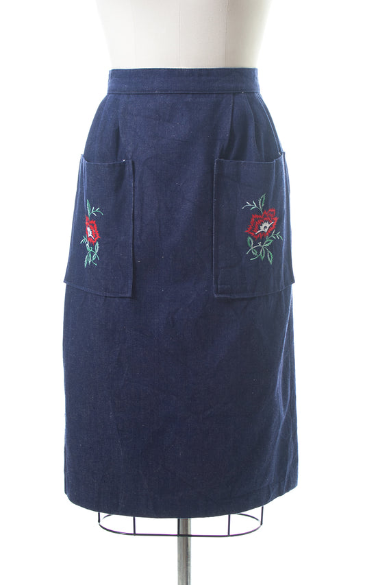 1970s Floral Embroidered Button Back Denim Skirt