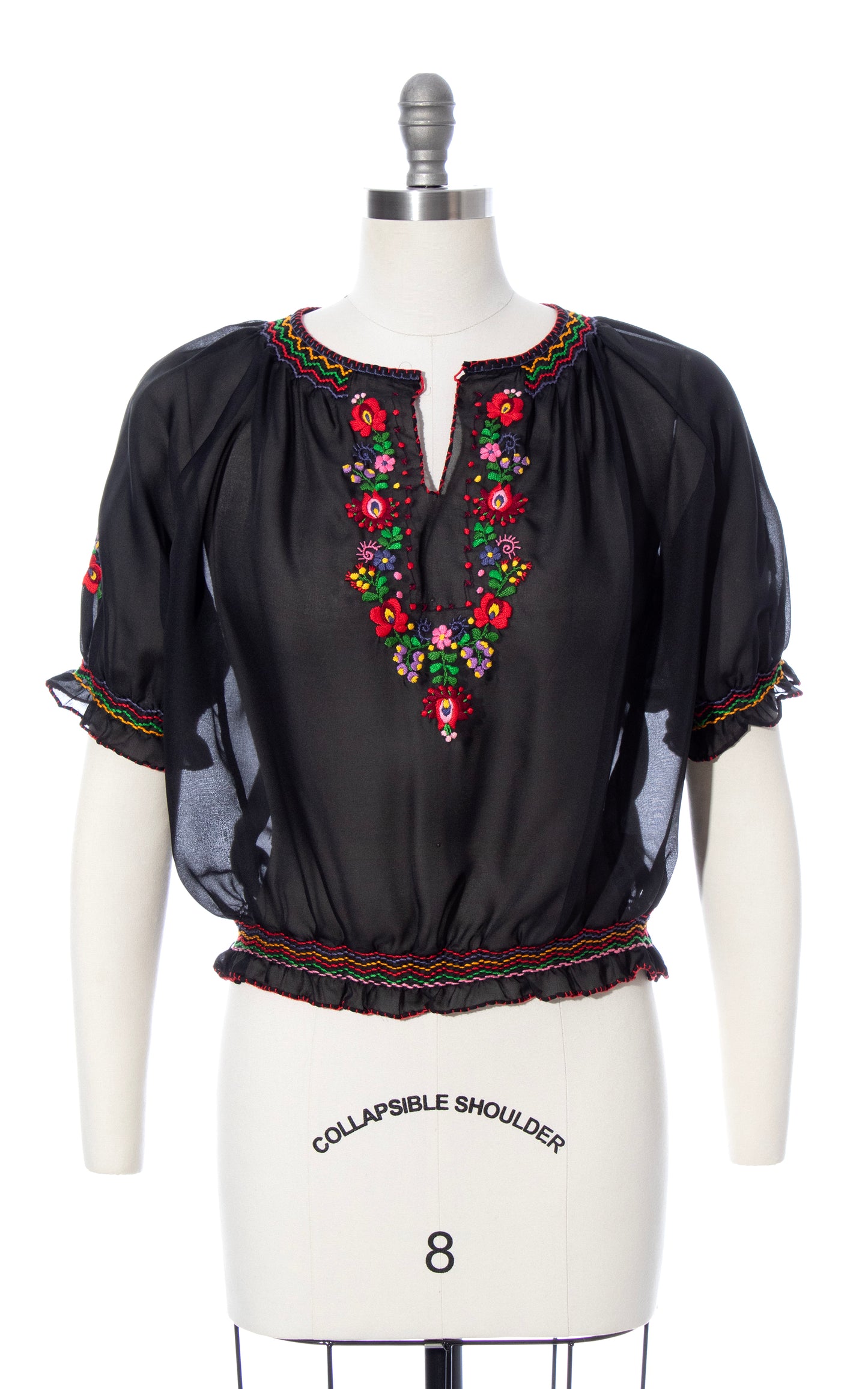 1960s 1970s Floral Embroidered Sheer Peasant Top | medium/large