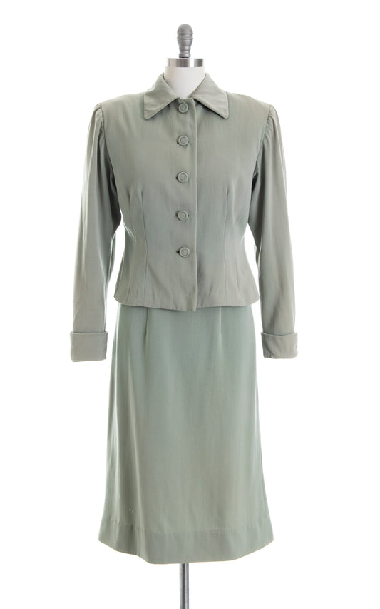 Vintage 40s 1940s Mint Green Blue Wool Gabardine Skirt Blazer Jacket Suit Birthday Life Vintage