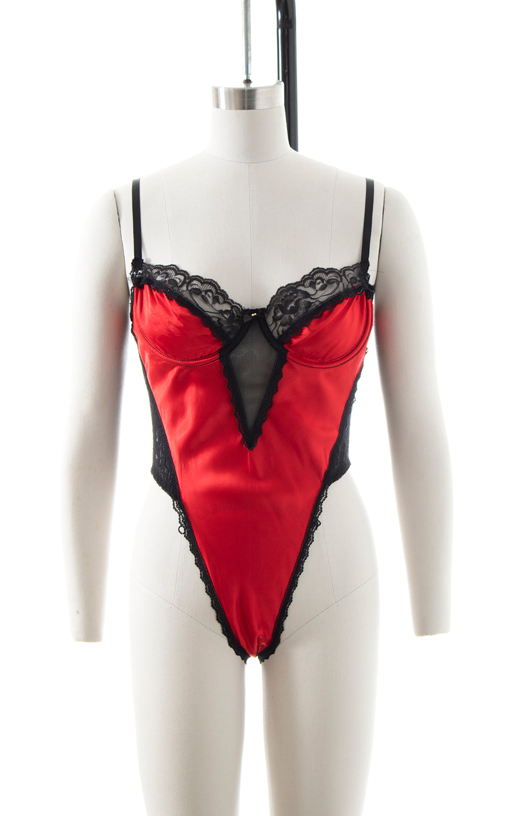 1980s Red Satin & Black Lace High Cut Bodysuit | x-small/small