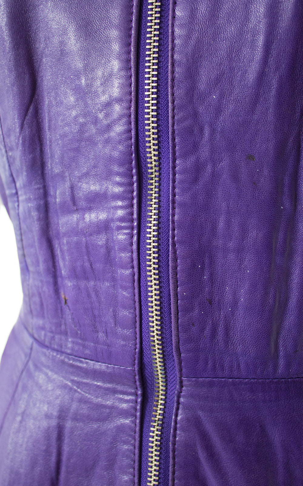 1980s North Beach Leather Purple Zip Front Open Back Dress BirthdayLifeVintage