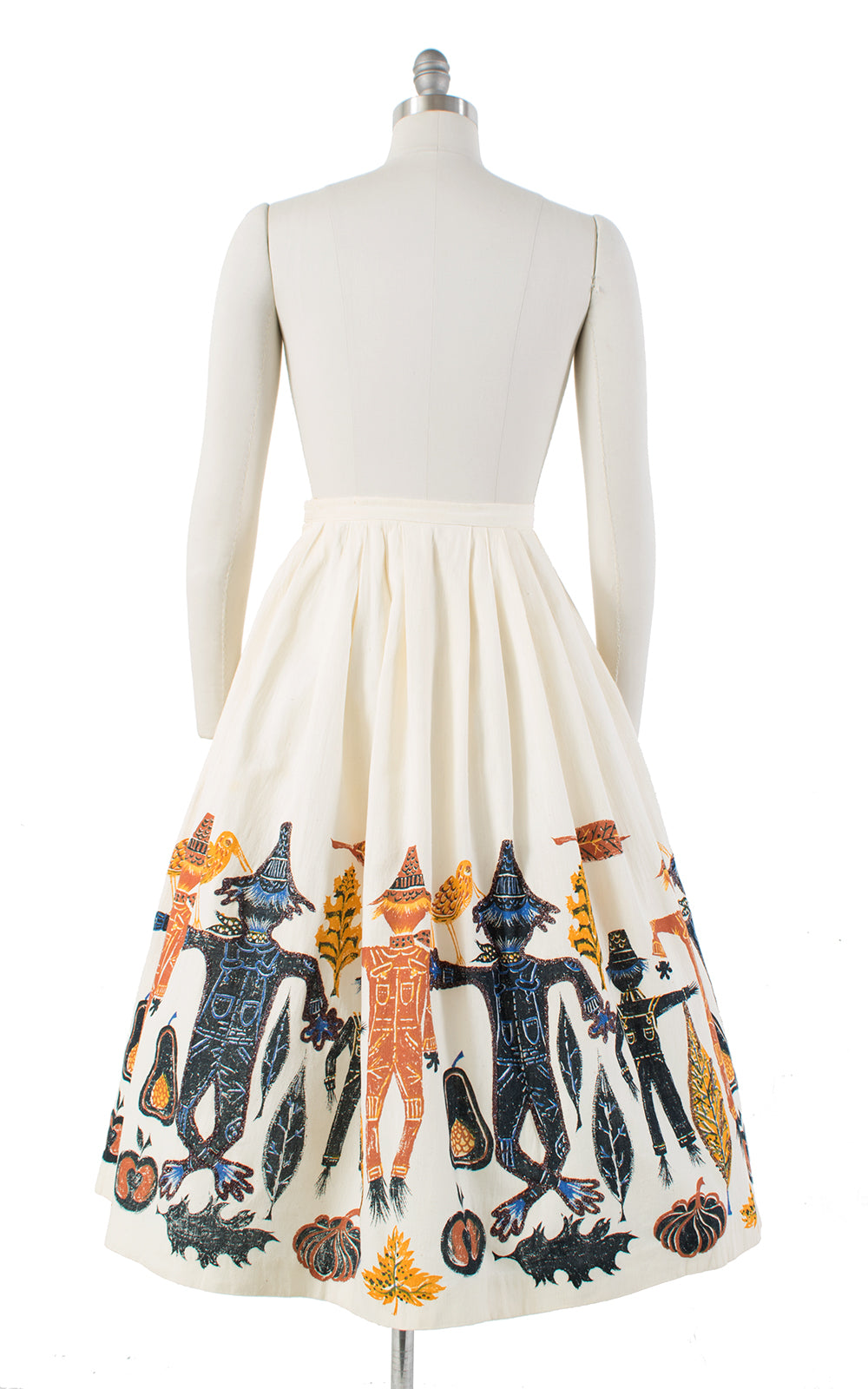 1950s Scarecrow, Pumpkins & Leaves Novelty Border Print Skirt | small