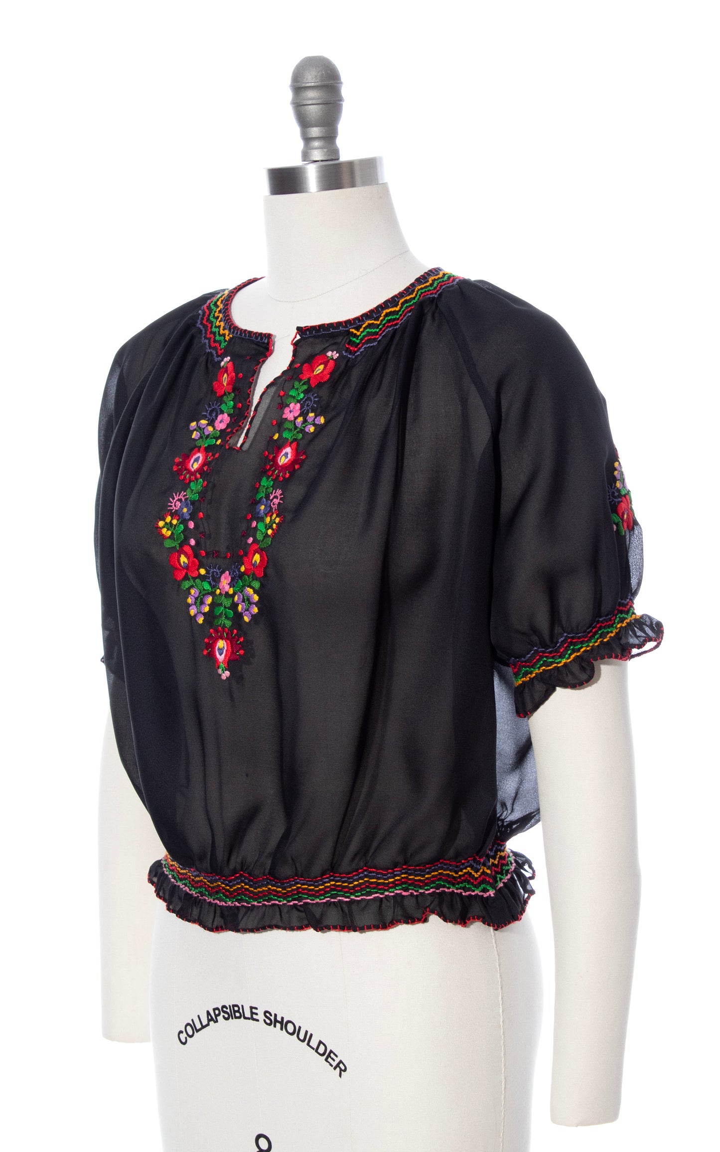 1960s 1970s Floral Embroidered Sheer Peasant Top | medium/large