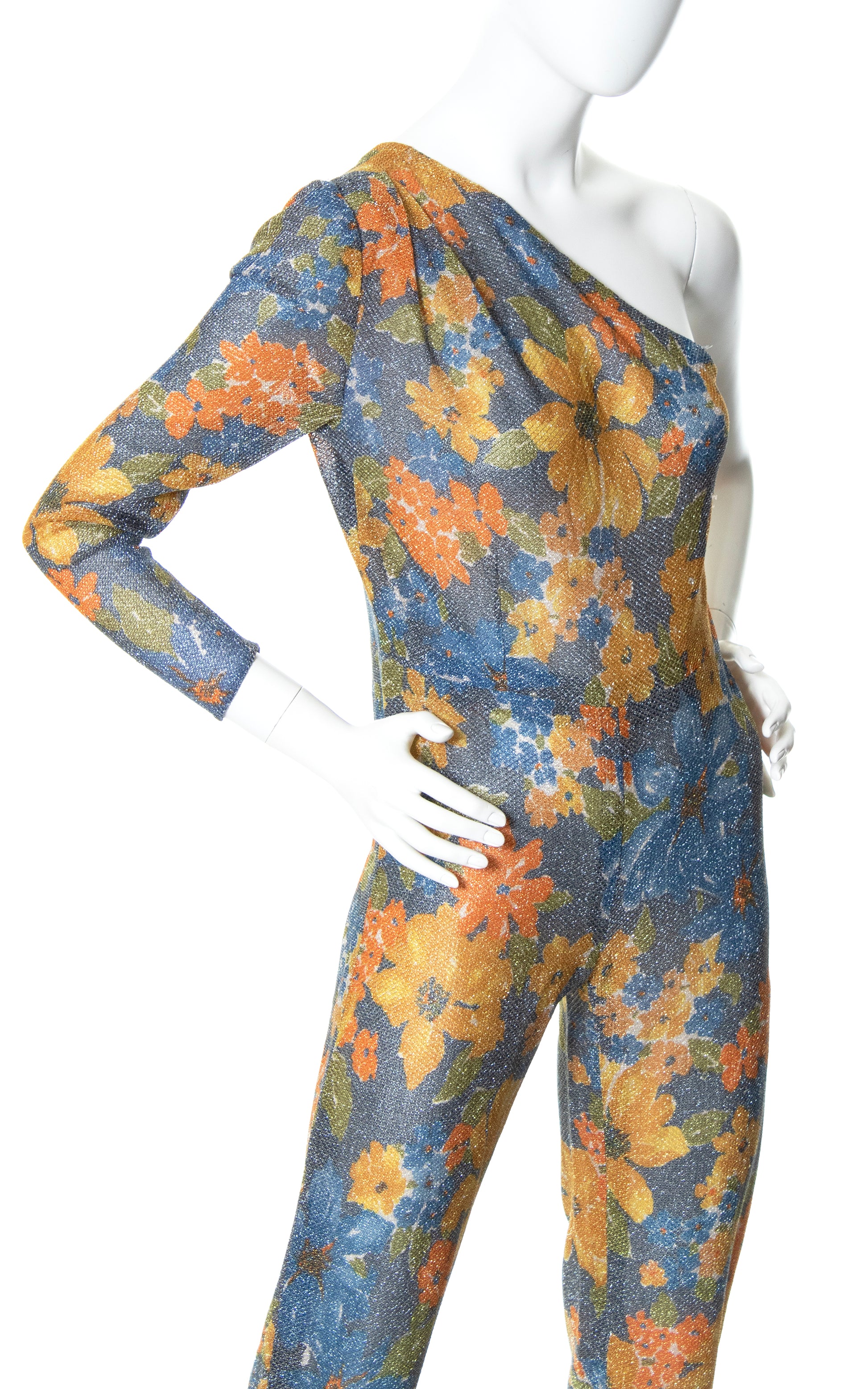 Vintage 70s 1970s Metallic Lurex Floral One Shoulder Sleeve Jumpsuit BirthdayLifeVintage