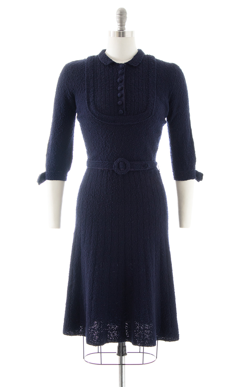 1940s 1950s Navy Blue Knit Wool Sweater Dress | x-small/small