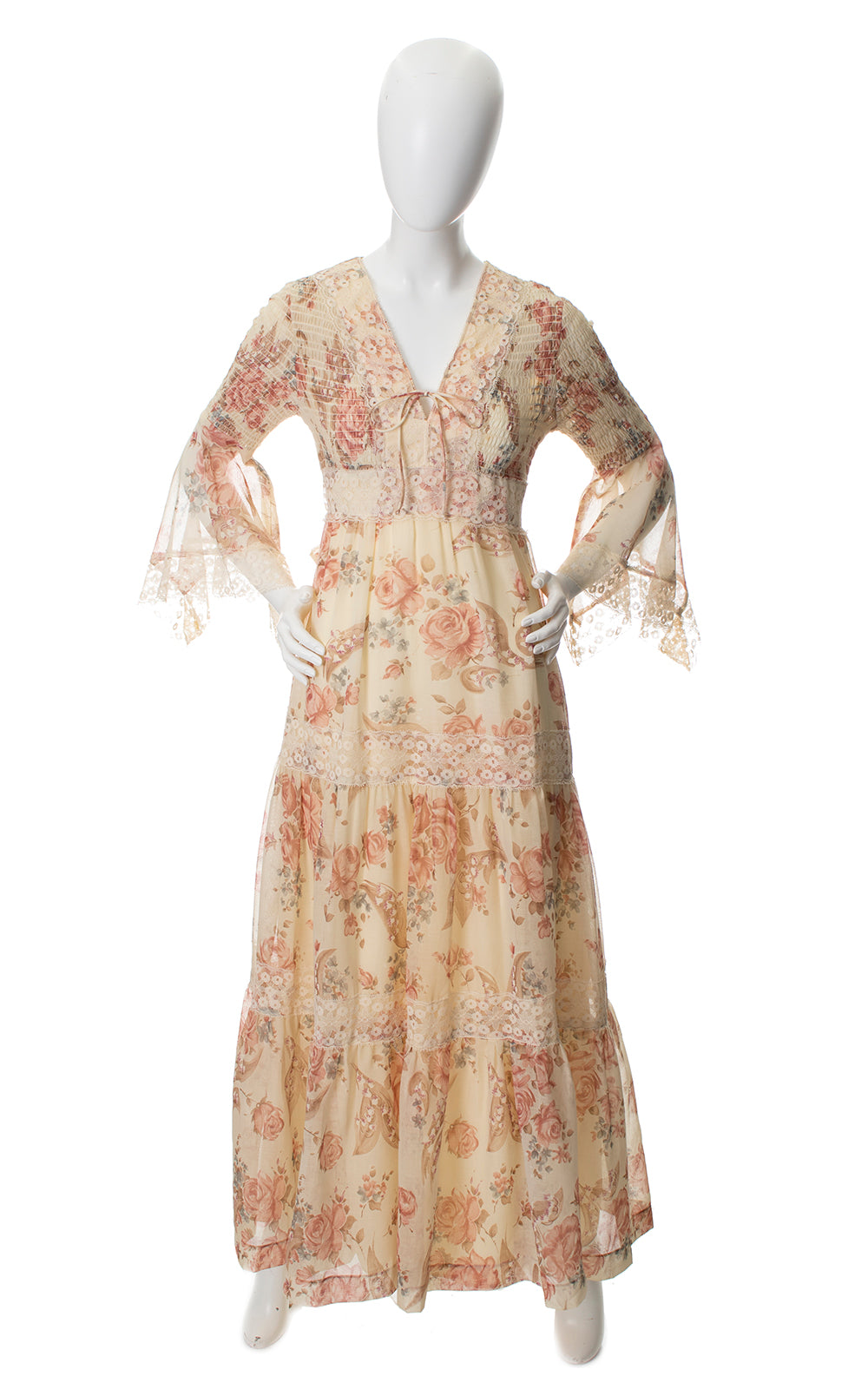 Vintage 1970s Rose Printed Handkerchief Sleeve Tiered Maxi Gunne Sax Style Boho Dress by Birthday Life Vintage