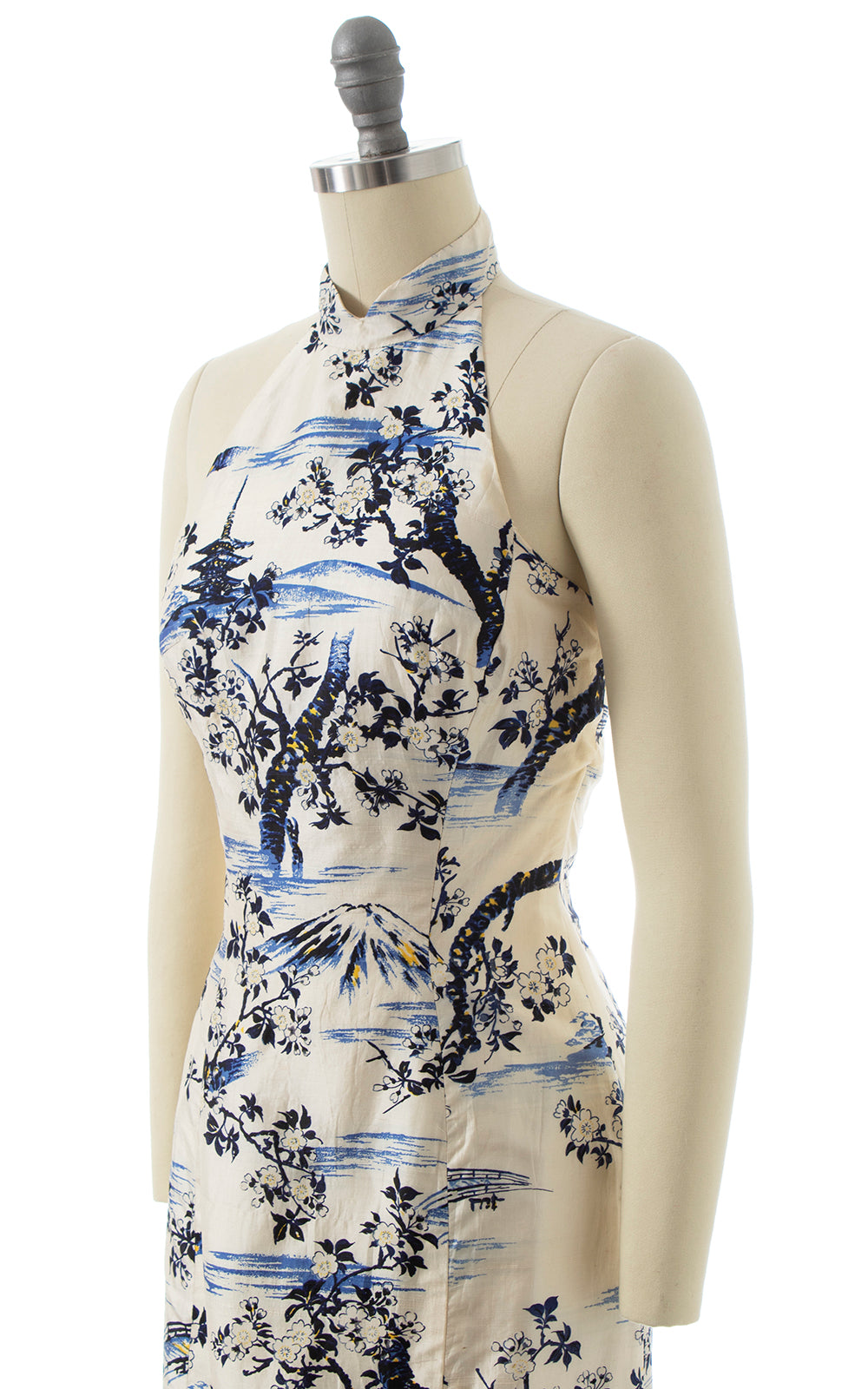 1950s Mt. Fuji Novelty Print Silk Halter Dress | x-small/small