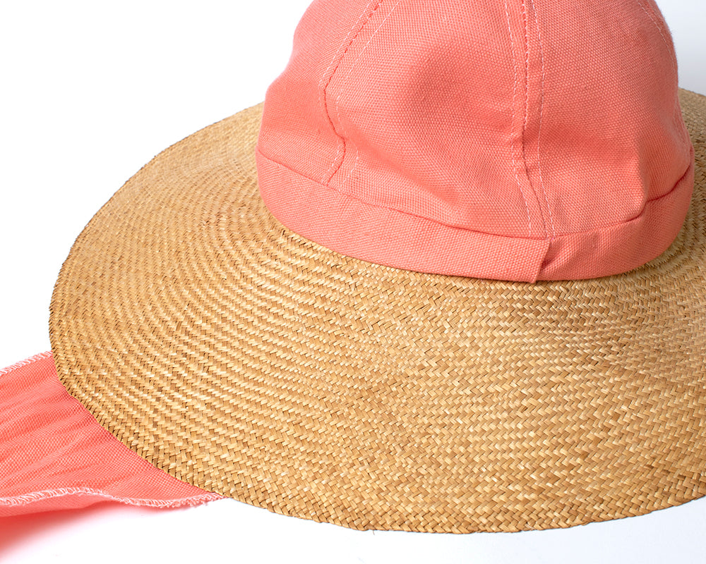 1960s Pink Cotton & Straw Sun Hat with Ties | small/medium