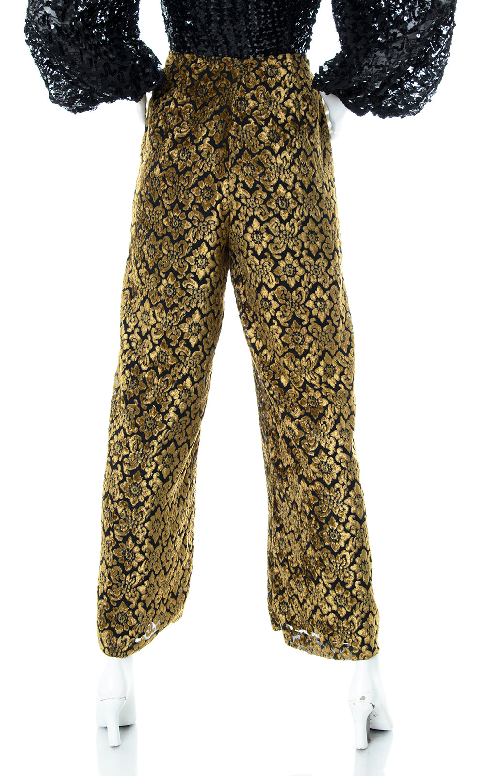 Vintage 2000s Y2K Gold Floral Velvet Burnout Wide Leg Pants Birthday Life Vintage