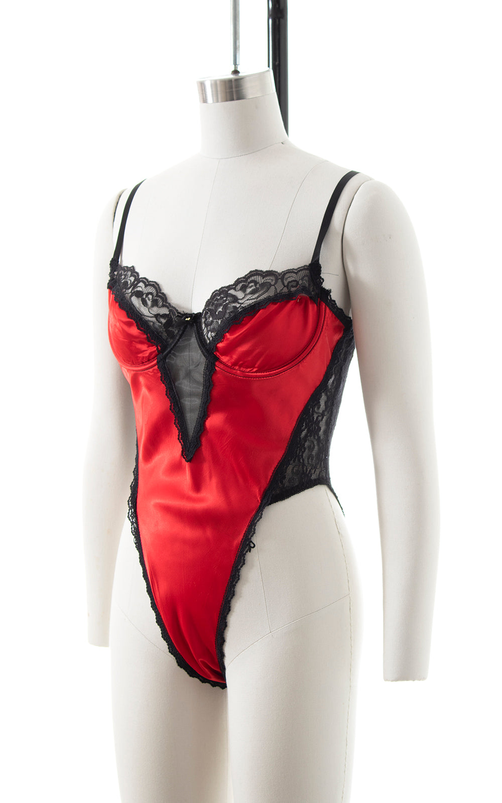 1980s Red Satin & Black Lace High Cut Bodysuit | x-small/small
