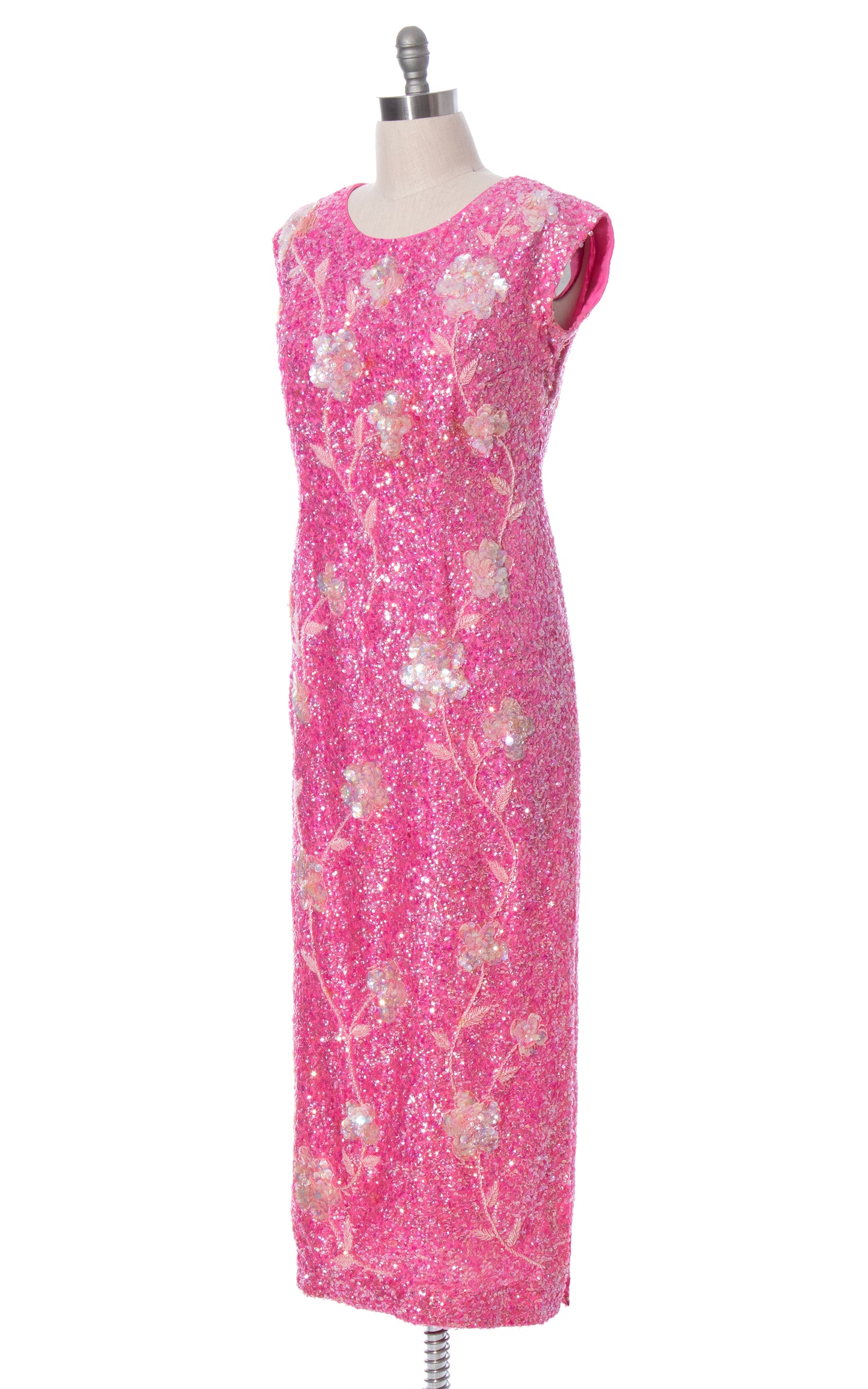 Vintage 1960s 60s Hot Pink Floral Sequined Full Length Evening Gown Party Dress volup plus size BirthdayLifeVintage