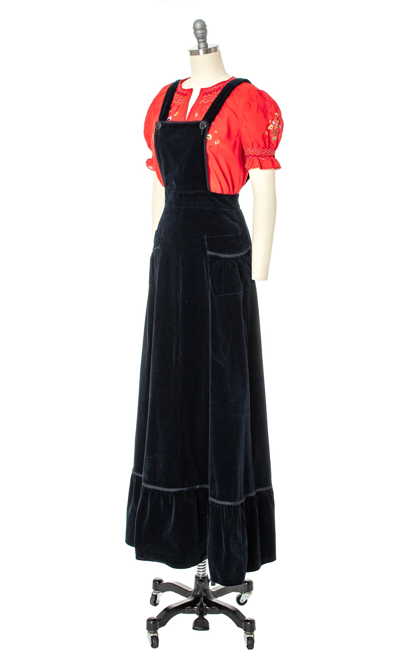 1970s Black Velvet Pinafore Maxi Dress | small