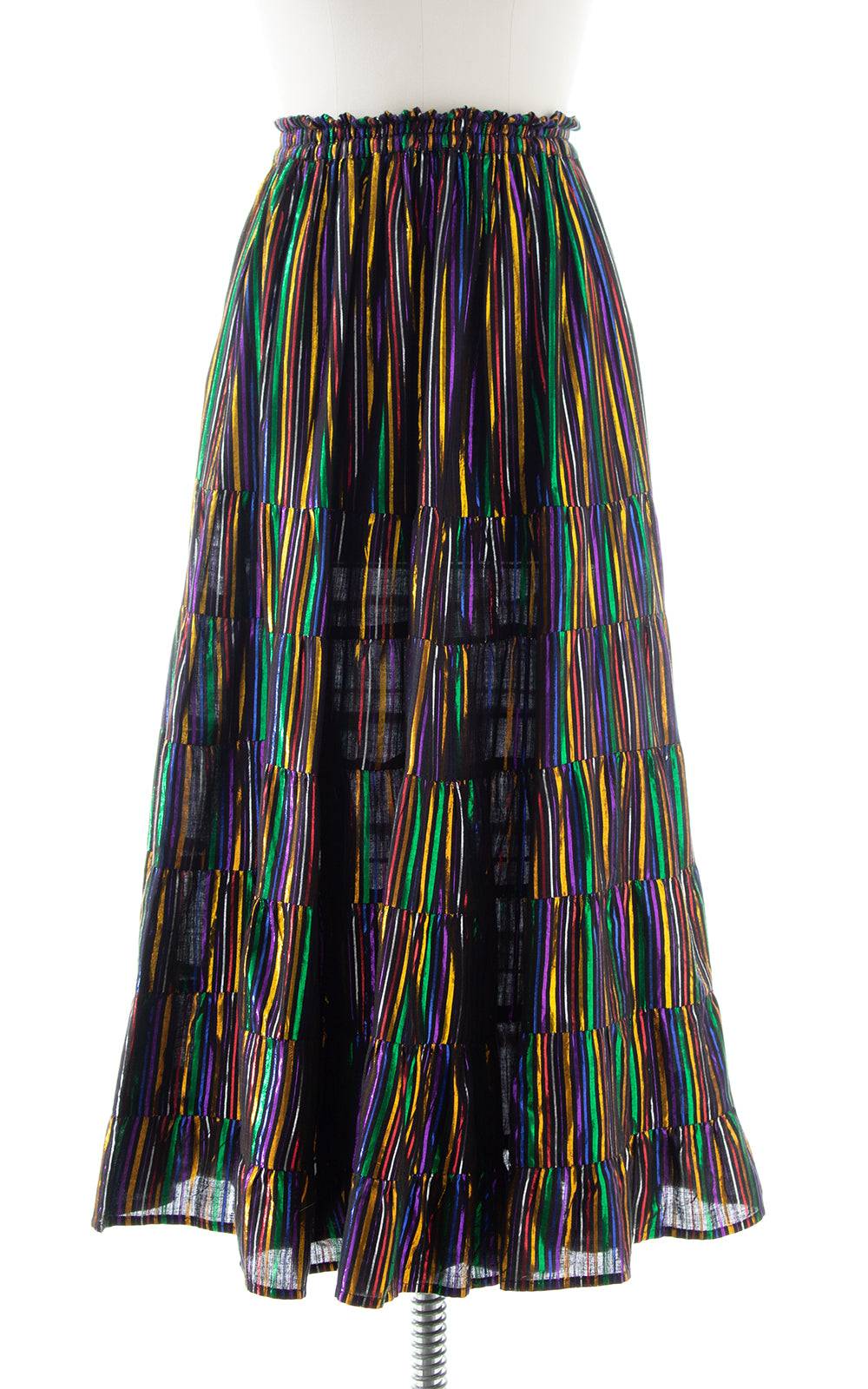 1970s 1980s Metallic Rainbow Striped Tiered Maxi Skirt | x-small/small/medium
