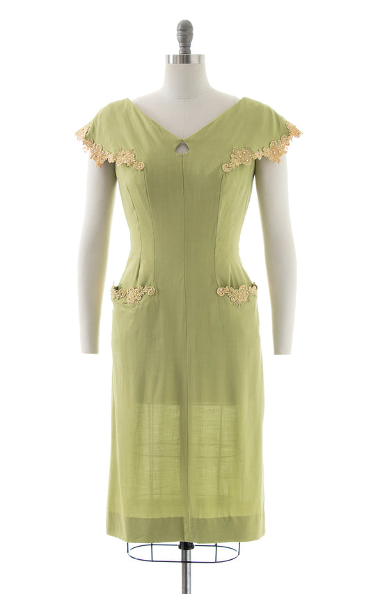 1950s Linen & Lace Dress with Pockets | small/medium
