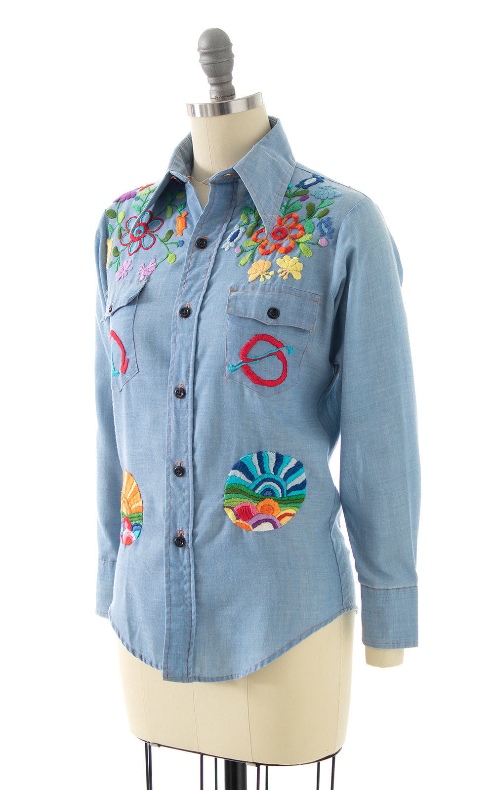 1970s Embroidered Chambray Blouse | x-small/small