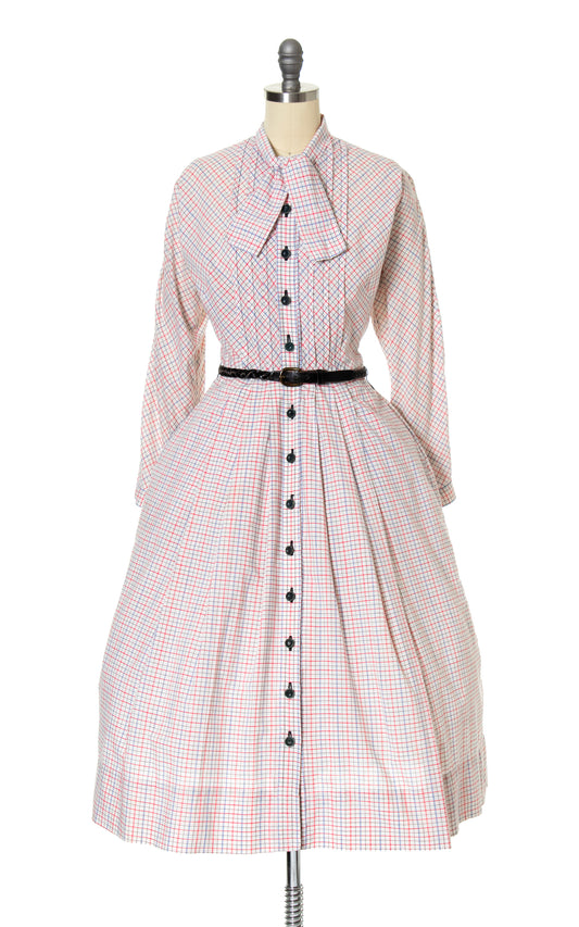 Vintage 50s 1950s Plaid Cotton White Pussy Bow Shirtwaist Dress BirthdayLifeVintage
