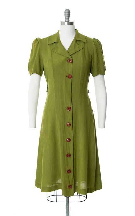 Vintage 1940s 40s Olive Green Linen Shirtwaist Dress Birthday Life Vintage