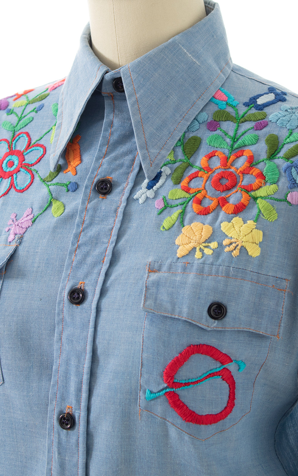 1970s Embroidered Chambray Blouse | x-small/small