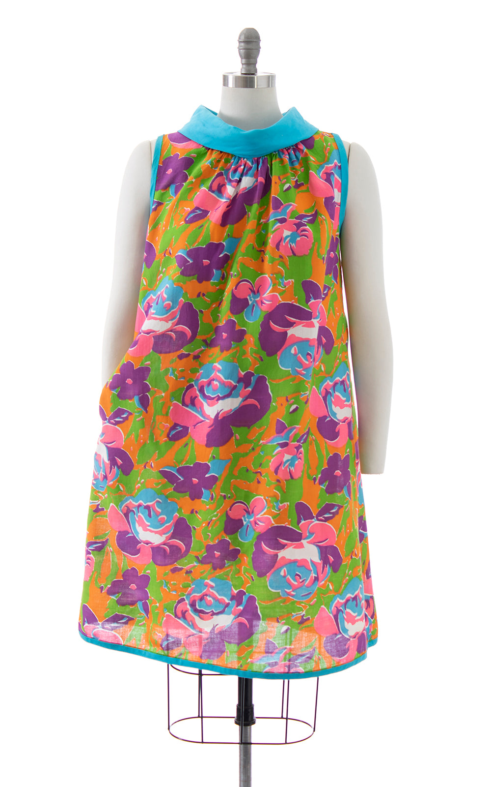 1960s Neon Rose Print Trapeze Dress with Pocket | medium/large
