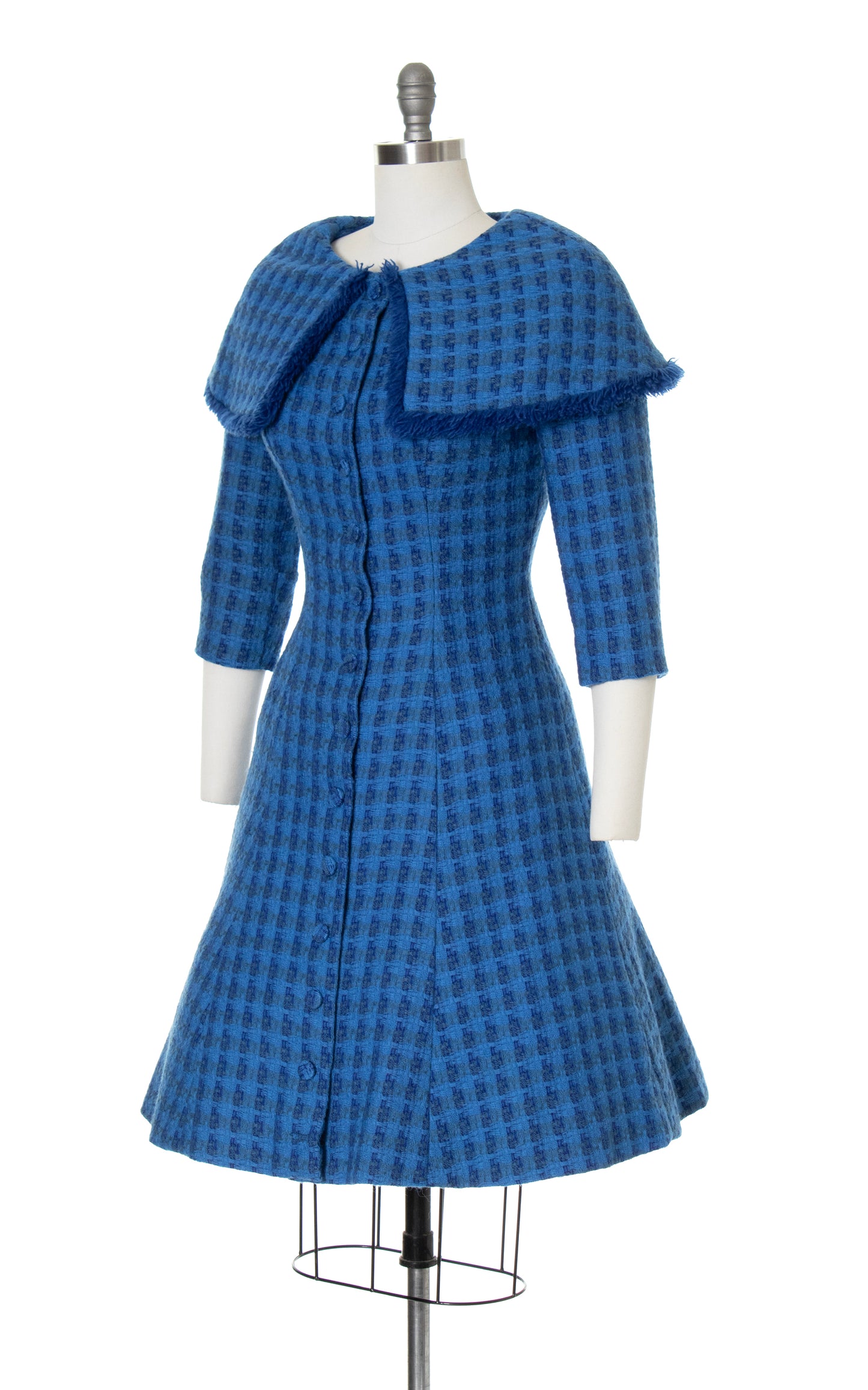 1950s Plaid Wool Dress with Fringe Collar | small