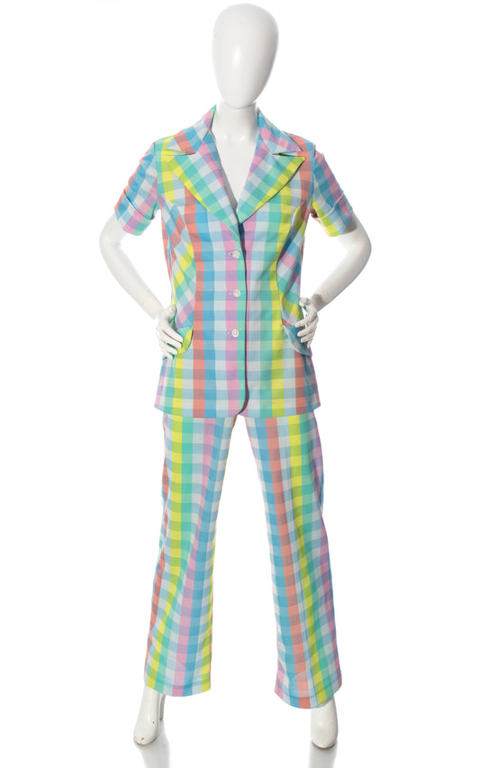 Vintage 70s 1970s Pastel Plaid Polyester Jacket Pant Suit Birthday Life Vintage