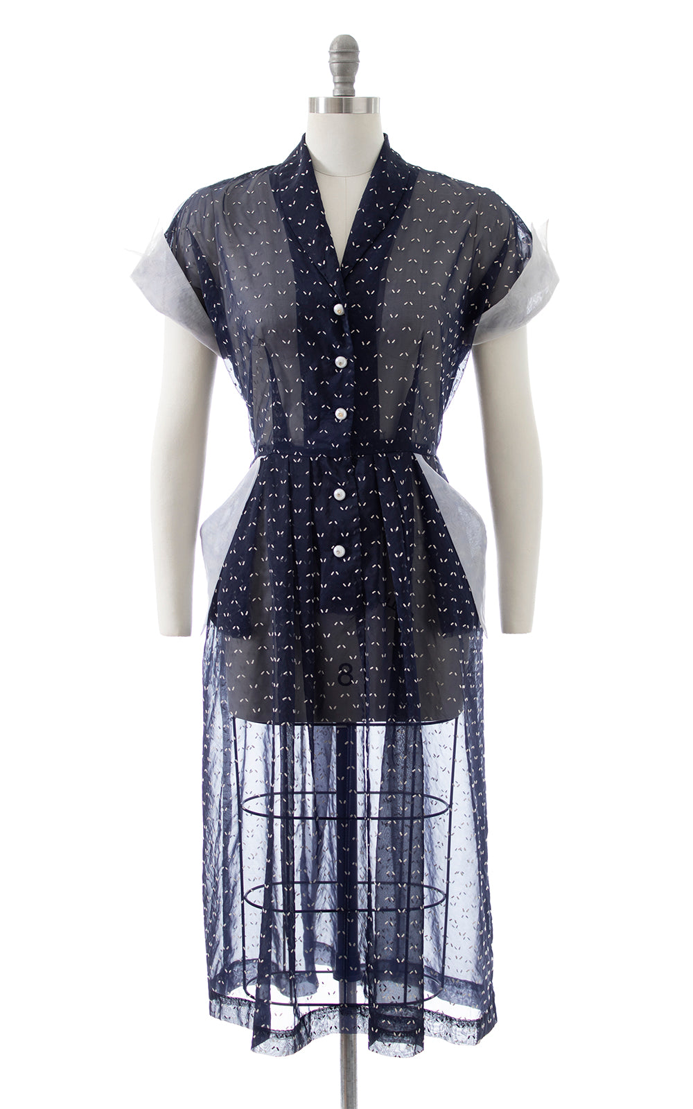 1950s Flocked Nylon Chiffon Shirtwaist Dress with Pockets | medium