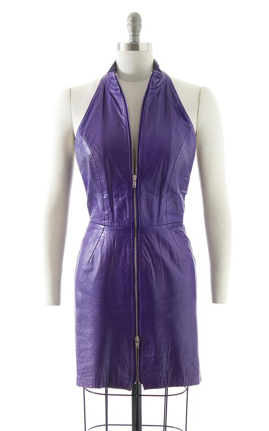 1980s North Beach Leather Purple Zip Front Open Back Dress BirthdayLifeVintage