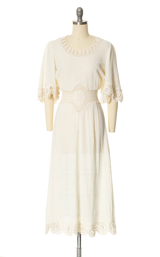 1970s Crochet & Cotton Gauze Dress | x-small/small