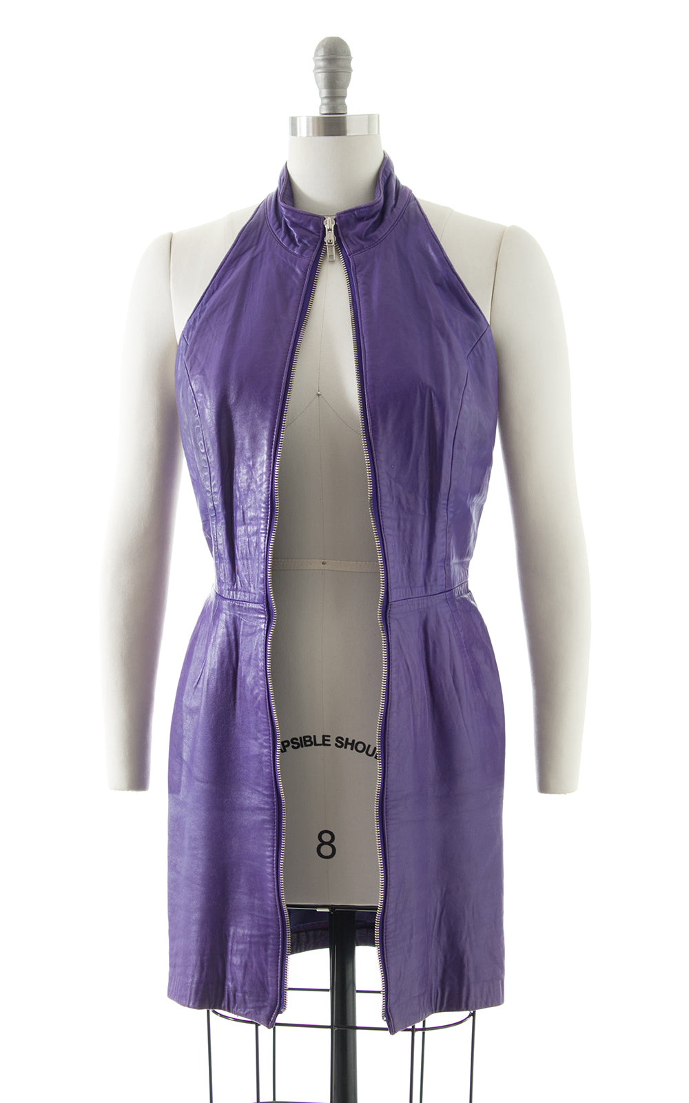 1980s North Beach Leather Purple Zip Front Open Back Dress BirthdayLifeVintage