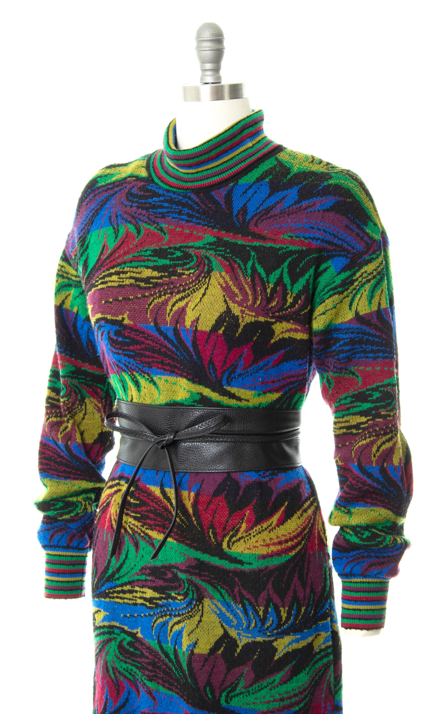 Vintage 80s 1980s MISSONI Striped Leaf Floral Knit Wool Turtleneck Sweater Dress | medium/large | Birthday Life Vintage