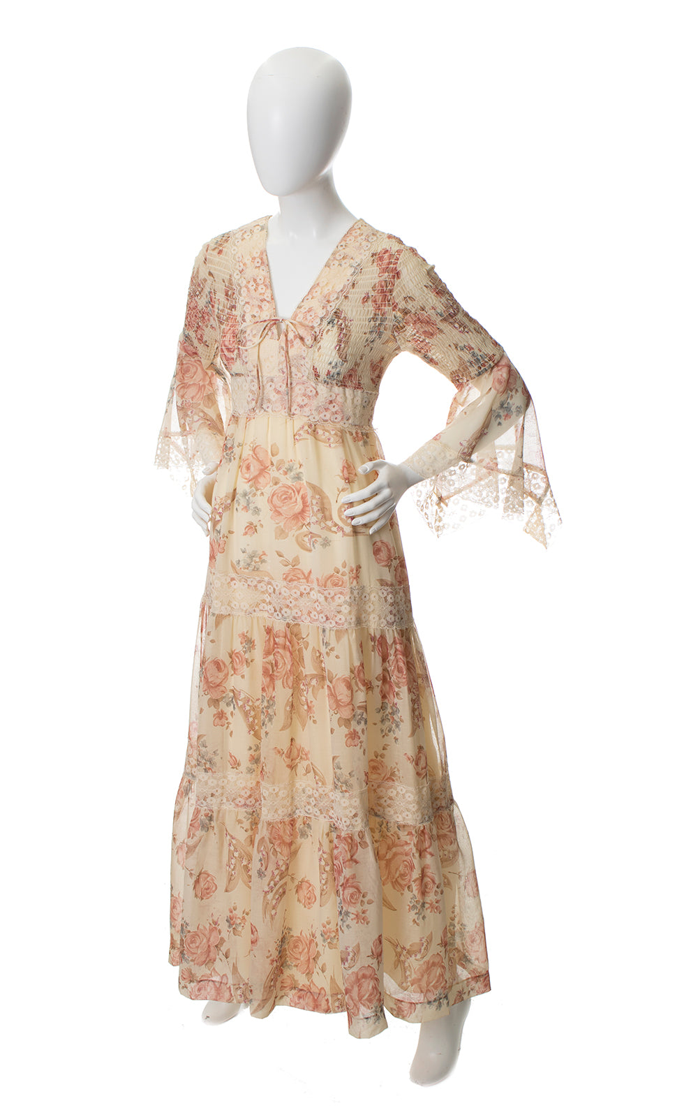 1970s Rose Printed Handkerchief Sleeve Tiered Maxi Dress | x-small/sma Birthday Life Vintage 1970s Rose Printed Handkerchief Sleeve Tiered Maxi Dress | x-small/sma Birthday Life Vintage
