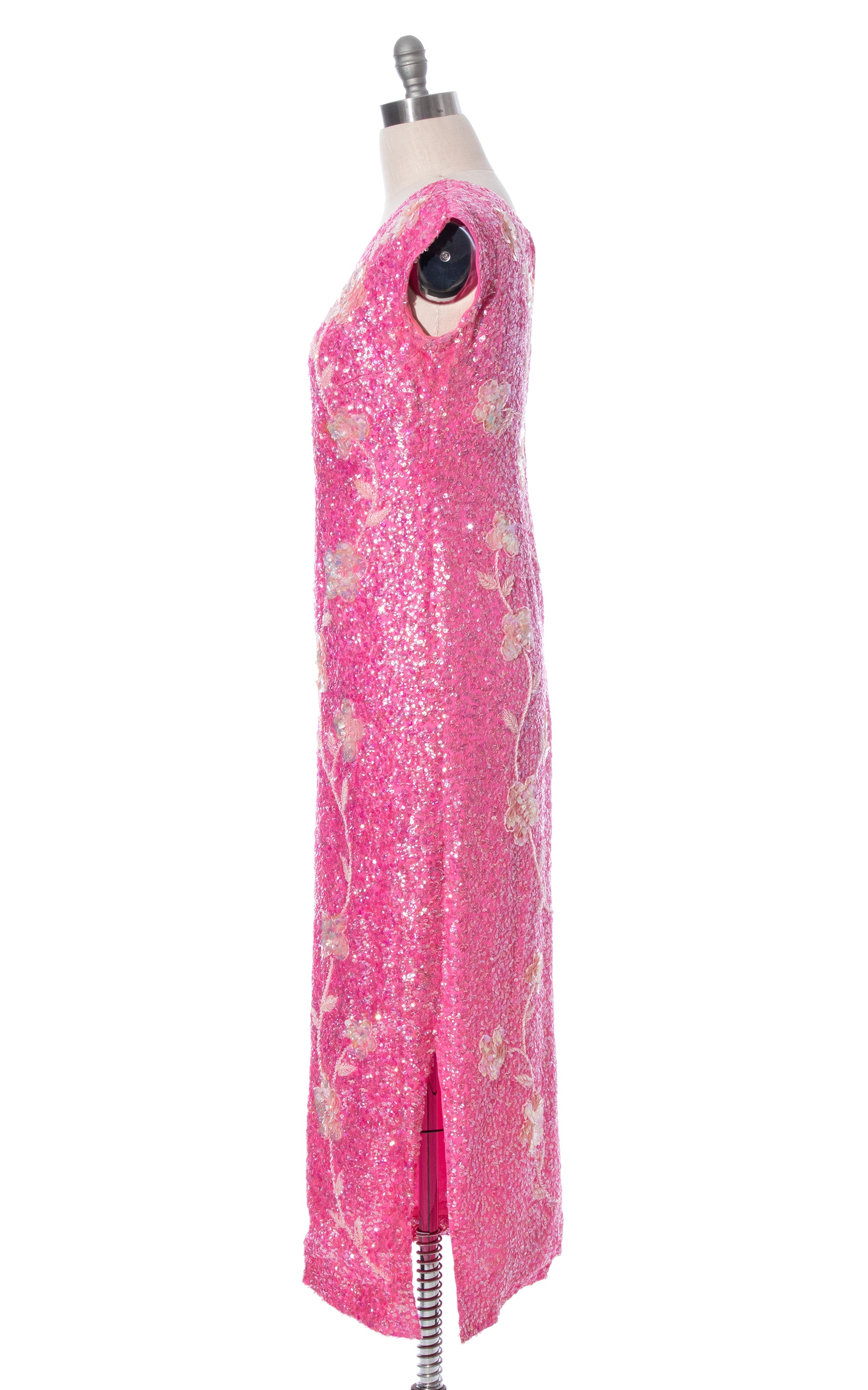 Vintage 1960s 60s Hot Pink Floral Sequined Full Length Evening Gown Party Dress volup plus size BirthdayLifeVintage