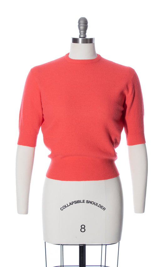 Vintage 40s 50s 1940s 1950s Hot Salmon Pink Knit Wool Short Sleeve Sweater Top Birthday Life Vintage