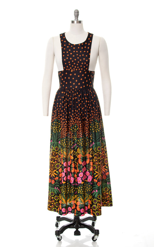 1970s Floral Border Print Bib Maxi Dress | small/medium