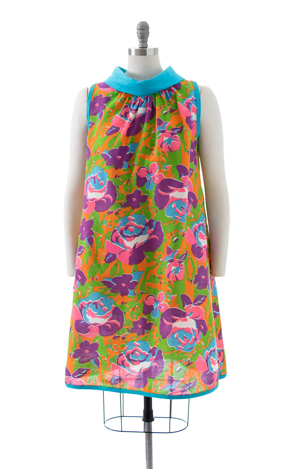 1960s Neon Rose Print Trapeze Dress with Pocket | medium/large