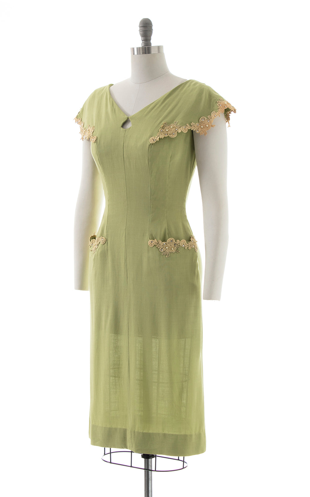 1950s Linen & Lace Dress with Pockets | small/medium