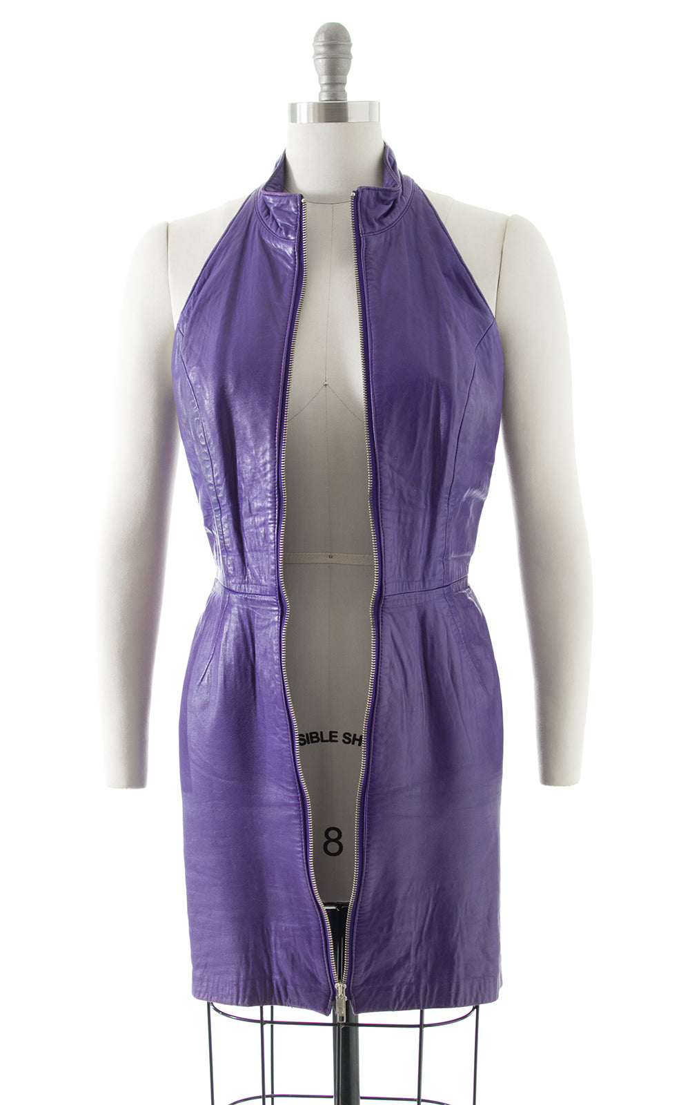 1980s North Beach Leather Purple Zip Front Open Back Dress BirthdayLifeVintage