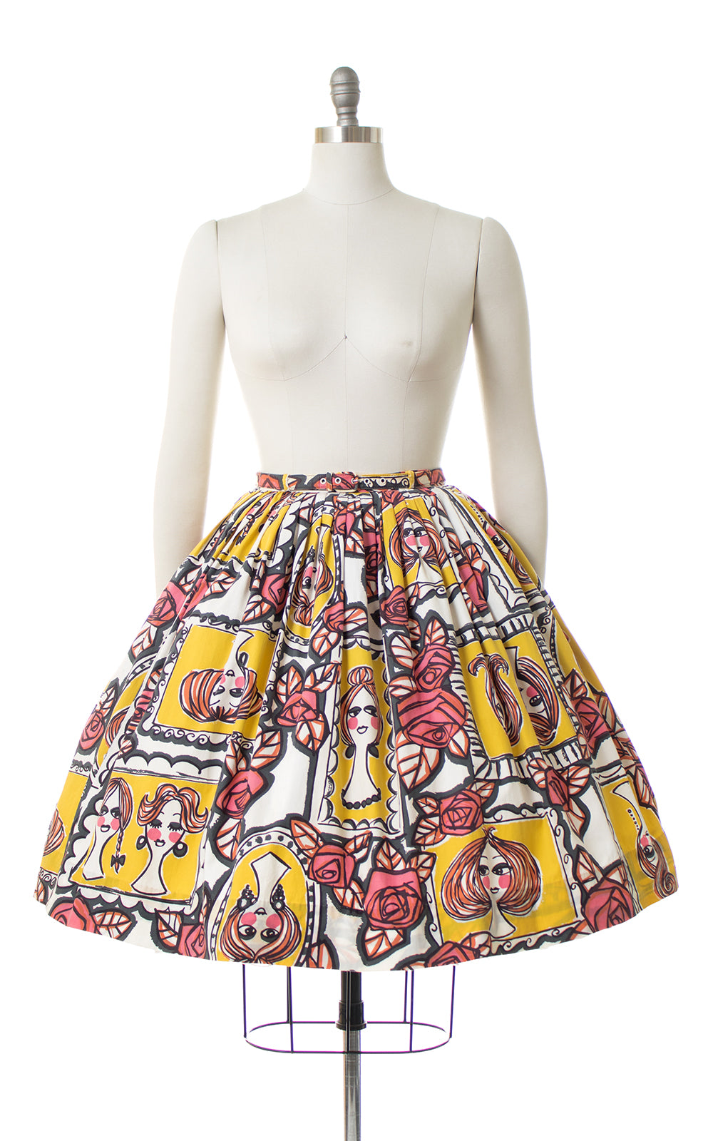 1960s Lady Faces & Roses Novelty Print Skirt