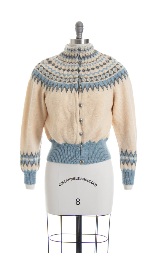 Vintage 1950s 50s Fair Isle Nordic Scandinavian Geometric Knit Wool Cardigan Birthday Life Vintage