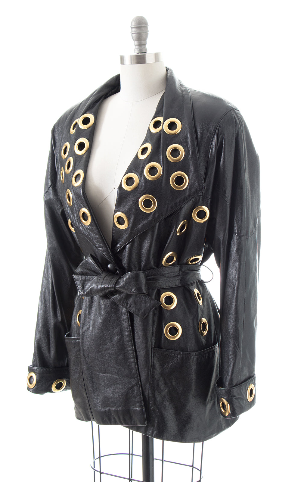 1980s 1990s Gold Grommet & Black Leather Belted Jacket