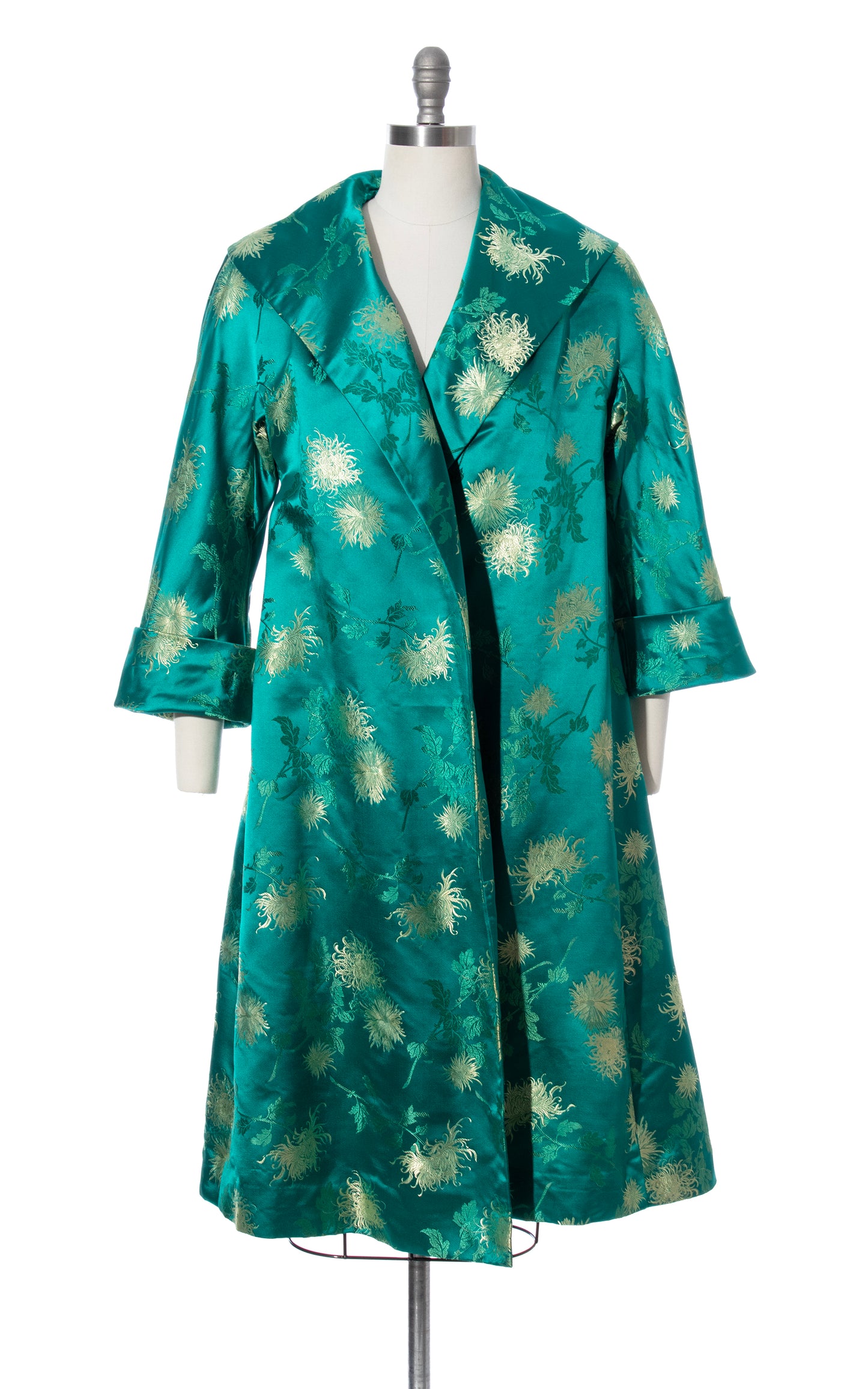 Vintage 60s 1960s Chrysanthemum Silk Satin Jacquard Swing Coat Birthday Life Vintage