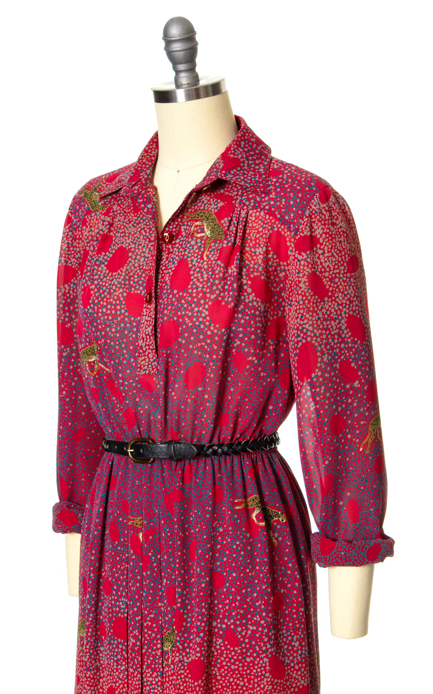 Vintage 80s 1980s Leopard Novelty Print Red Shirtwaist Dress BirthdayLifeVintage