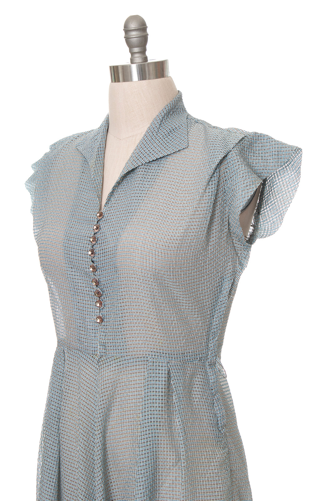 1940s 1950s Sheer Plaid Shirtwaist Dress with Rhinestone Buttons | large