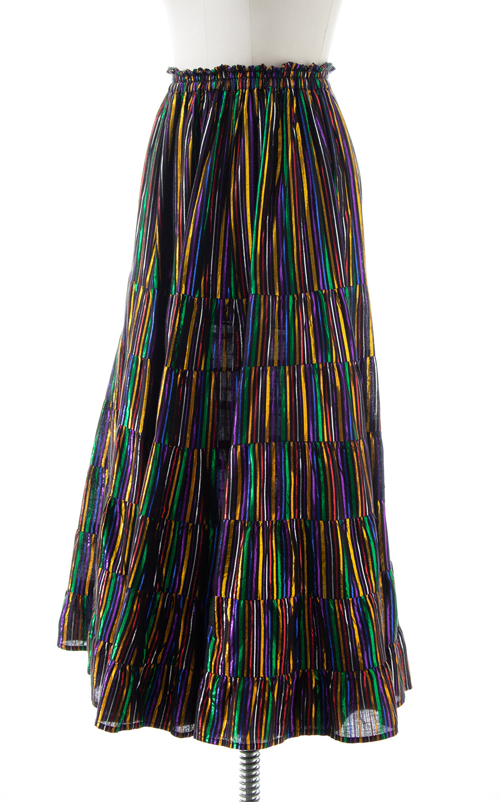 1970s 1980s Metallic Rainbow Striped Tiered Maxi Skirt | x-small/small/medium