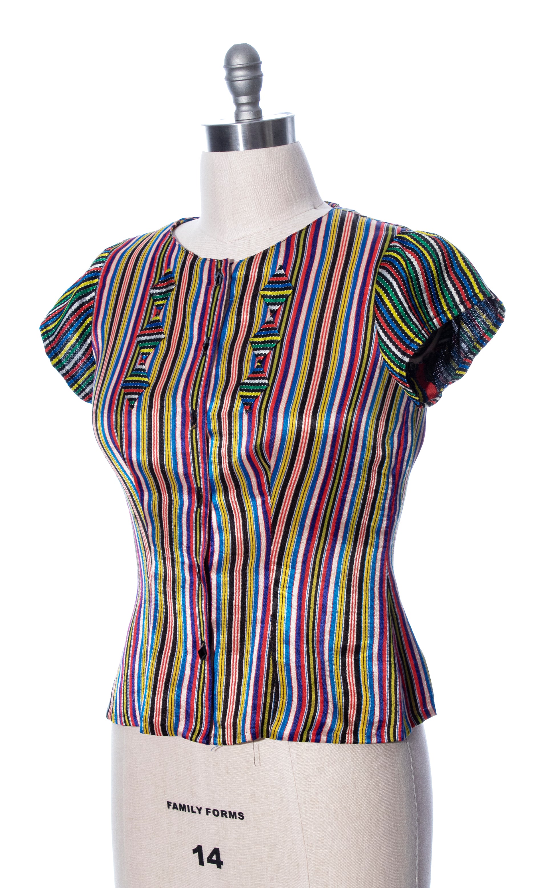 Vintage 30s 40s 1930s 1940s Rainbow Striped Satin Short Sleeve Art Deco Blouse Birthday Life Vintage